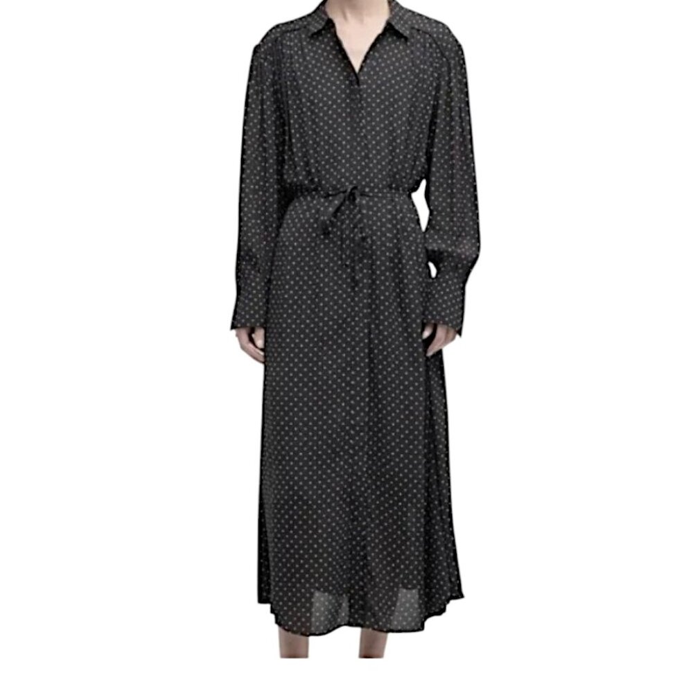 DKNYC Sheer Polka Dot Dress Button Down 3/4 Sleeve Navy & White